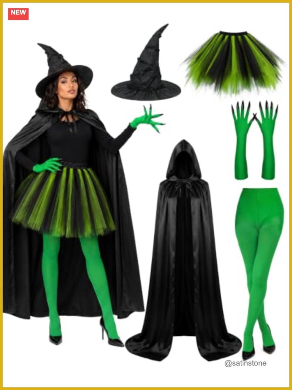 Women Witch Costume Set Hooded Cape Hat Gloves Tights Tulle Skirt Cosplay